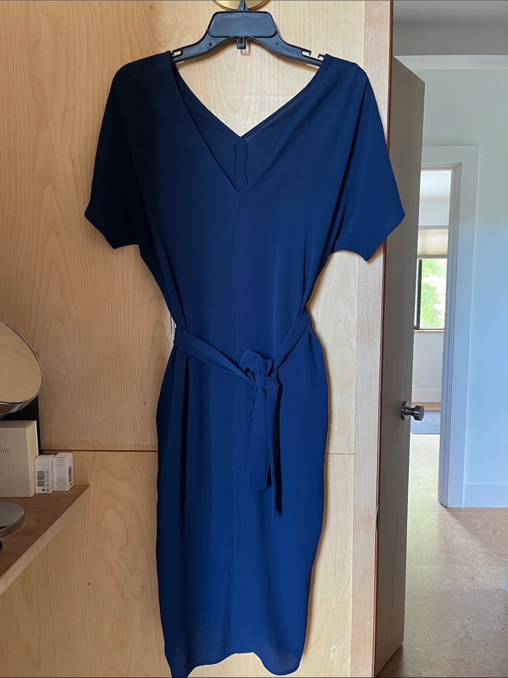 bobeau Deep Navy V-Neck Belted Midi Dress